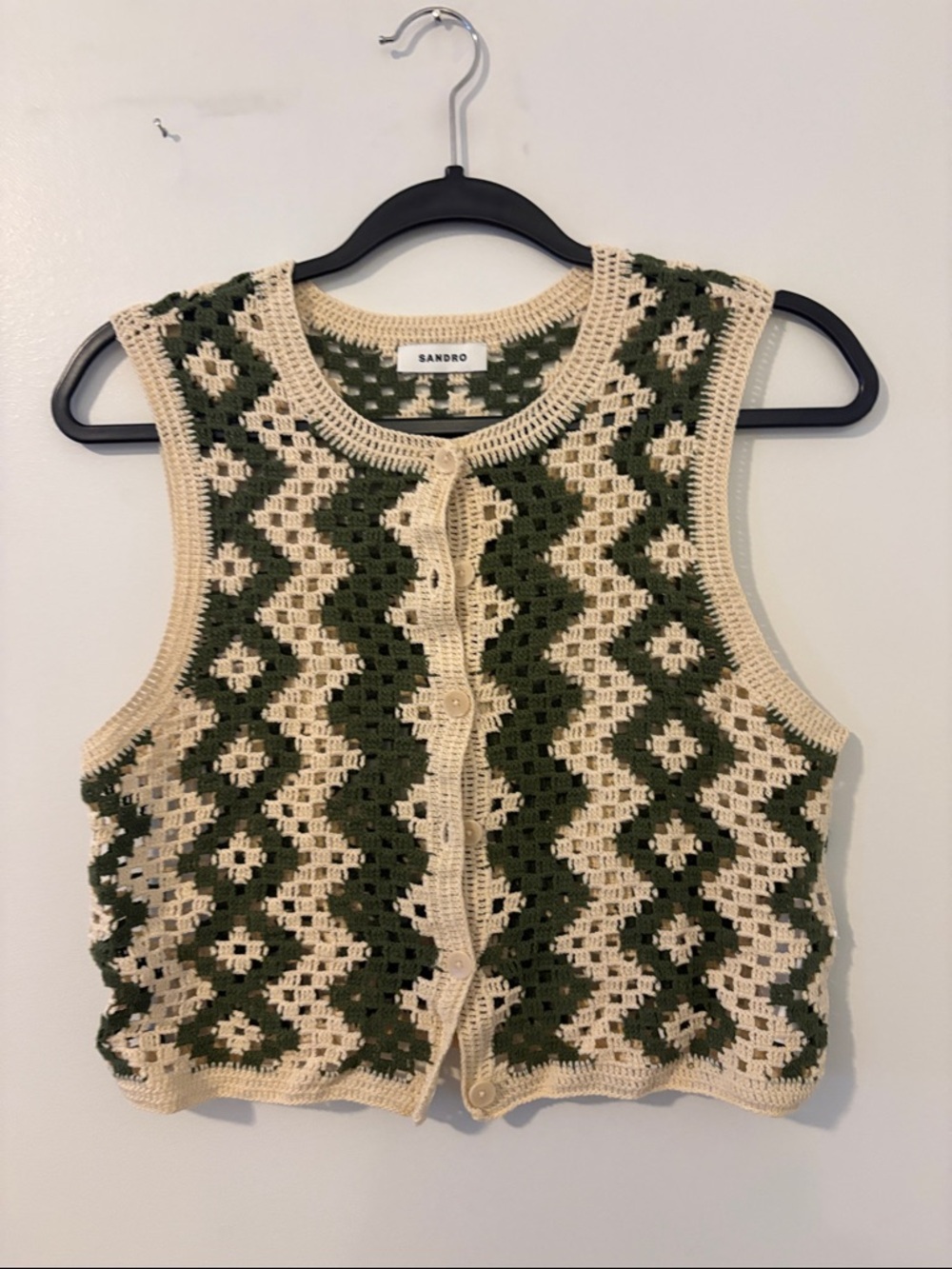 Sandro Green and Cream Crochet Button-Front Vest